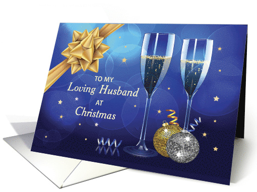To Husband at Christmas Champagne and Gold Look Bow on Blue card