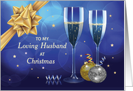 To Husband at Christmas Champagne and Gold Look Bow on Blue card