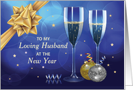 To Husband at New Year Champagne and Gold Look Bow on Blue card