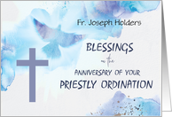 Custom Name Priest Ordination Anniversary Blessings Purple Cross Blue card