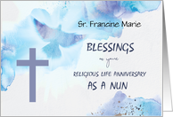 Custom Name Nun Religious Life Anniversary Blessings Purple Cross Blue card