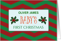 Babys First Christmas Customize Name on Red Green Chevron Stripes card