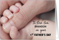 Son Custom Name on First Father’s Day Baby Hand in Hand card