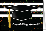 Graduation With Cap and Black White Stripes and Confetti card
