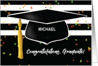 Graduation Custom Name With Cap and Black White Stripes and Confetti card