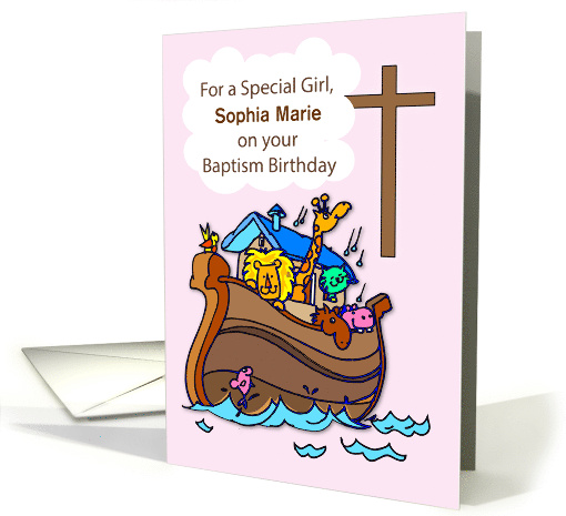 Girl Custom Name Baptism Birthday with Noahs Ark on Pink card