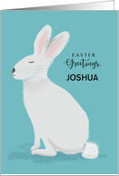 Custom Name Easter Greetings White Rabbit on Light Teal card