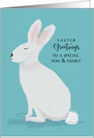Son and Family Easter Greetings White Rabbit on Light Teal card