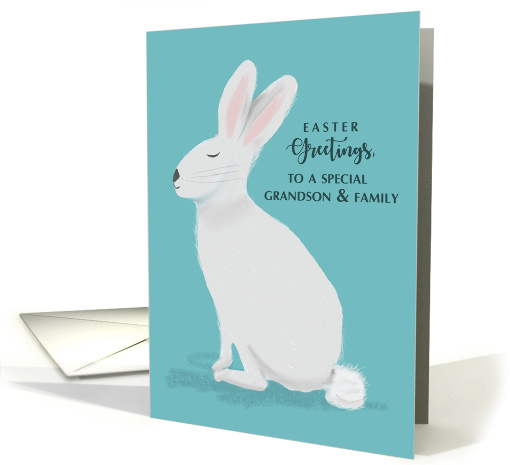 Grandson and Family Easter Greetings White Rabbit on Light Teal card