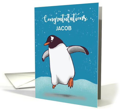Custom Name Congratulations Penguin Jumping For Joy card (1762392)