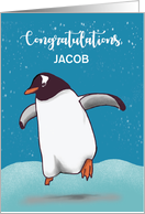Custom Name Congratulations Penguin Jumping For Joy card