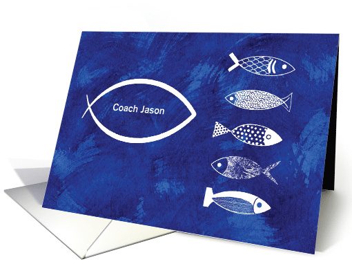 Thanks Swim Coach with Fish on Blue Adding Personalized Name card