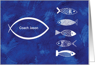 Thanks Swim Coach with Fish on Blue Adding Personalized Name card