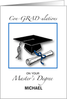 Custom Name Masters Degree Man Graduation Blue card