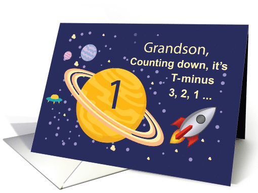 Grandson 1st Birthday Planets in Outer Space with Rocket Ship card