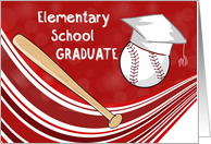 Elementary School Graduation Baseball Bat and Hat on Red card