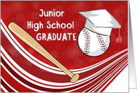 Junior High School Graduation Baseball Bat and Hat on Red card