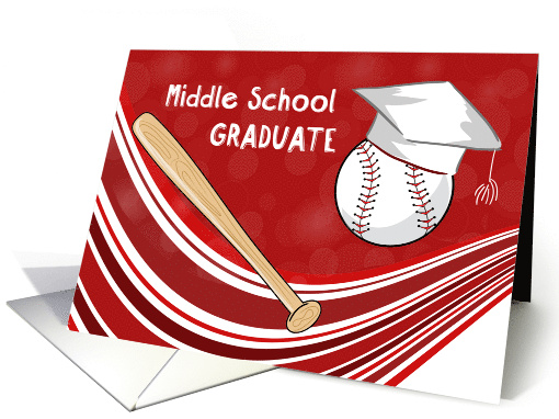 Middle School Graduation Baseball Bat and Hat on Red card (1766590)