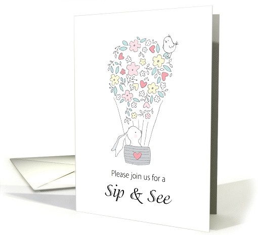 Invitation Baby Girl Sip and See Bunny Bird and Balloon... (1768910)