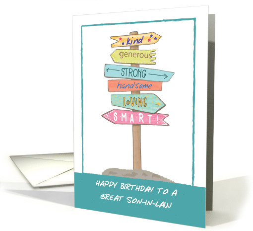 Son in Law Birthday Fun Sign Good Qualities for Amazing Guy card