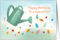 Girl Birthday Watering Can Sprinkling Hearts card