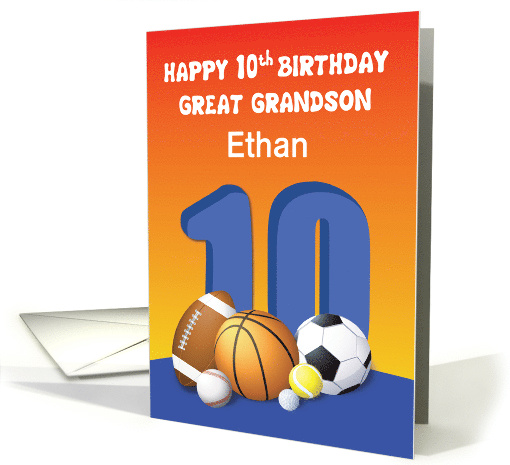 Custom Name Great Grandson 10th Birthday Sports Balls card (1777026)