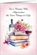Books Wine and Flowers Birthday for Woman card