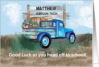 Off to School Good Luck Custom Name and School Vintage Blue Truck card