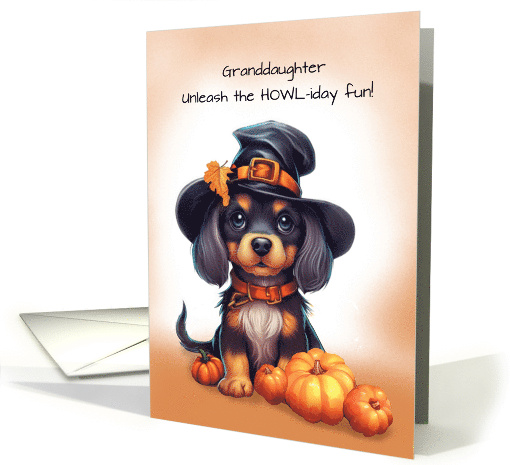 Granddaughter Halloween Cute Black Dog Wearing Hat with Pumpkins card