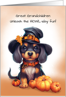 Great Grandchildren Halloween Cute Black Dog Wearing Hat with Pumpkins card