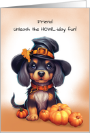 Friend Halloween Cute Black Dog Wearing Hat with Pumpkins card