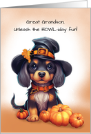 Great Grandson Halloween Cute Black Dog Wearing Hat with Pumpkins card