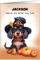 Customizable Name Halloween Cute Black Dog Wearing Hat with Pumpkins card