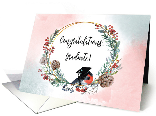 Winter Graduation Wreath with Bird Wearing Cap card (1795760)