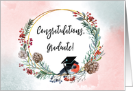 Winter Graduation Wreath with Bird Wearing Cap card