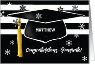 Customizable Name Graduation Winter Snowflakes With Cap and Black Whit card