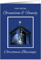 Grandson and Family Christmas Blessings Manger on Blue card