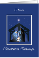 Customizable Name Christmas Blessings Manger on Blue card