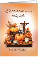 Catholic Nun Customizable Name Thanksgiving with Crucifix and Pumpkins card