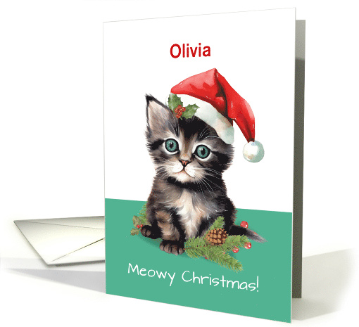 Customizable Name Cute Cat Wearing Santa Hat Meowy Christmas card