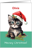 Customizable Name Cute Cat Wearing Santa Hat Meowy Christmas card