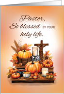 Catholic Pastor Priest Thanksgiving with Crucifix Pumpkins and Candle card