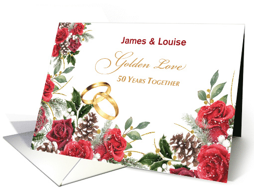 50th Wedding Anniversary Customizable Names Red Roses and Rings card