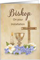 Bishop Installation Congratulations Cross Candle Chalice and Flowers card