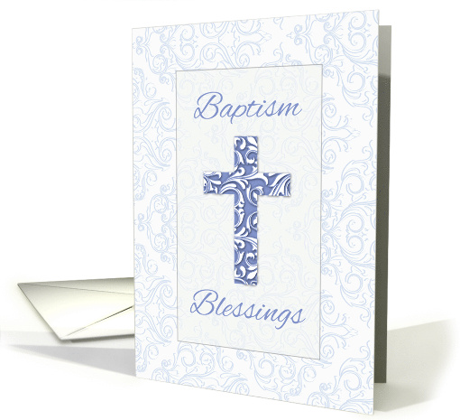 Boy Baptism Blessings Blue Cross with Damask Swirls card (1809730)