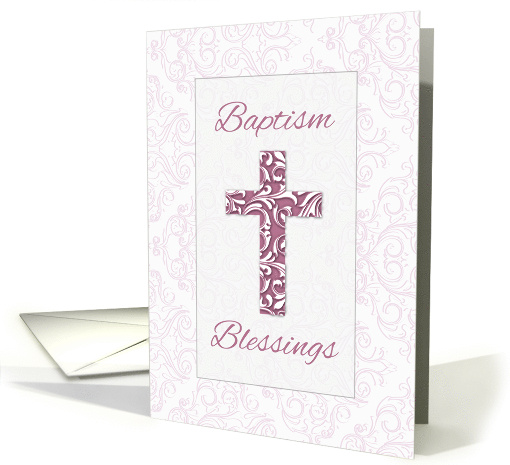 Girl Baptism Blessings Pink Cross with Damask Swirls card (1809732)