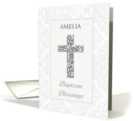 Custom Name Baptism Blessings Gray and Silver Look Cross... (1809738)