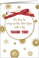 New Year Thank You For Hospitality Gold Snowflakes Red Ribbon card