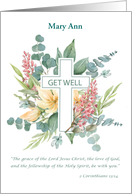 Custom Name Get Well Religious Cross with Watercolor Wildflowers Bless card