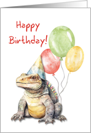 Birthday Komodo Dragon Lizard Party Hat and Balloons card